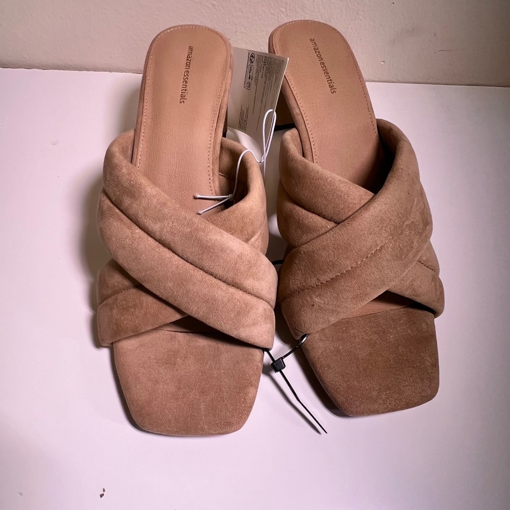 NWT Amazon Essentials 12 Heeled Mules Tan Padded Cross‎ Strap Square Toe Block